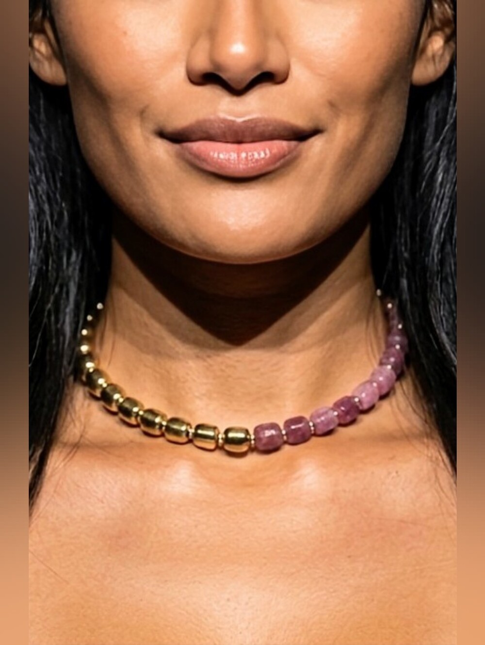 Natural Dark Pink Morganite And Gold Nugget In Beaded Necklace